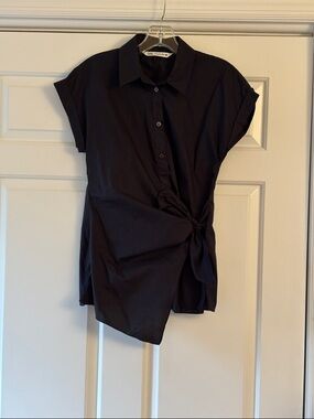 Zara Navy Short-Sleeve Button-Down Shirt with Side Tie